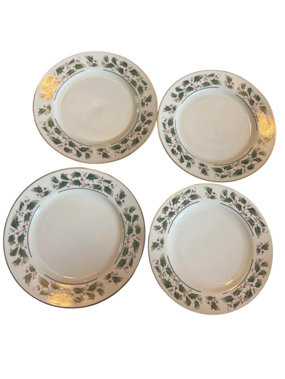 Fine China Noel 4 Salad Plates 6.5" Gold Edge Christmas Holly Berry Set